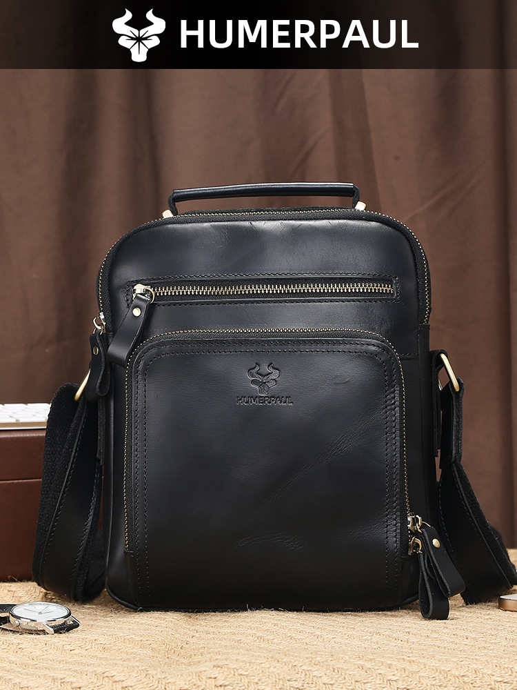Bolso de hombro Hummer Paul de cuero genuino para hombre, bandolera de cuero Crazy Horse de primera capa, mochila de viaje con textura vintage.