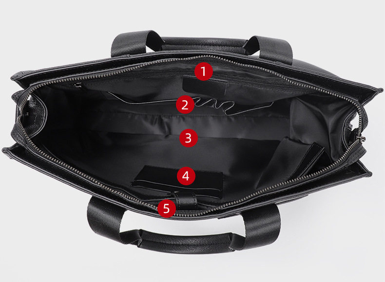 Túi xách tay nam da bò thật dung tích lớn 40×13×29 cm, đựng tài liệu và laptop 15,6 inch — Dây kéo dọc da bò màu đen, Dây kéo ngang da bò màu đen, Da cừu lớp đầu màu đen chi tiết 10