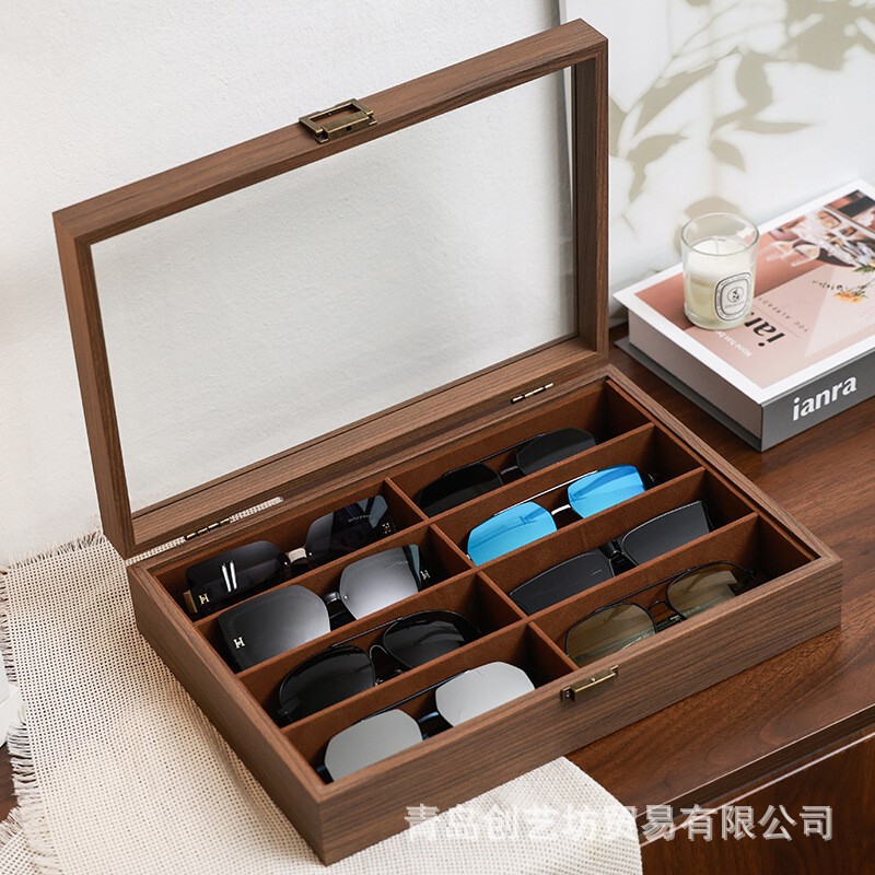 Walnut Wood Grain Glasses Storage Box Dust-Proof Glass High-End Multi-Compartment Sunglasses Frame Collection Display Box