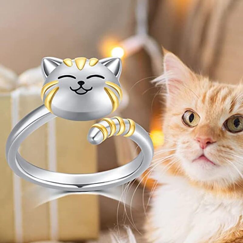 Cross-Border New Stress-Relief Open Ring Cute Cat Spinning Ring Animal Cat Trendy Ring Jewelry