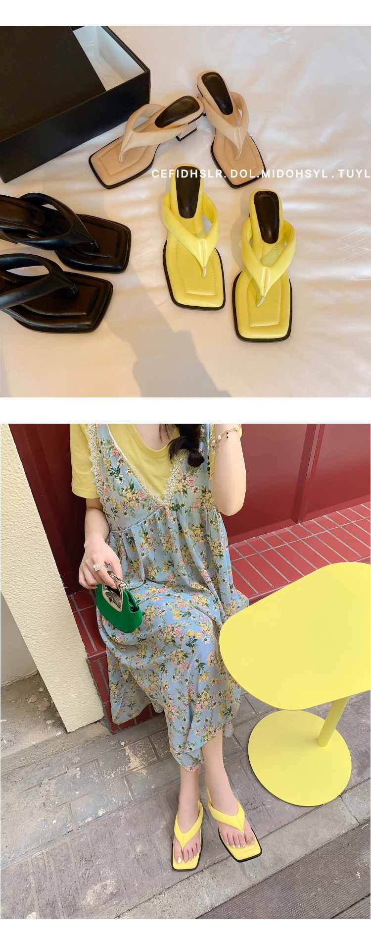 Dép sandal nữ xỏ ngón da cừu mũi vuông gót thấp — Màu đen chi tiết 34