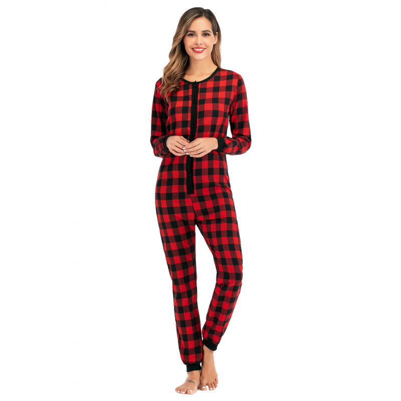 Dropshipping European and American Cross-Border Women's Plaid Cotton Woven Flannel Jumpsuit Pajamas Home Clothes Thermal Clothes
