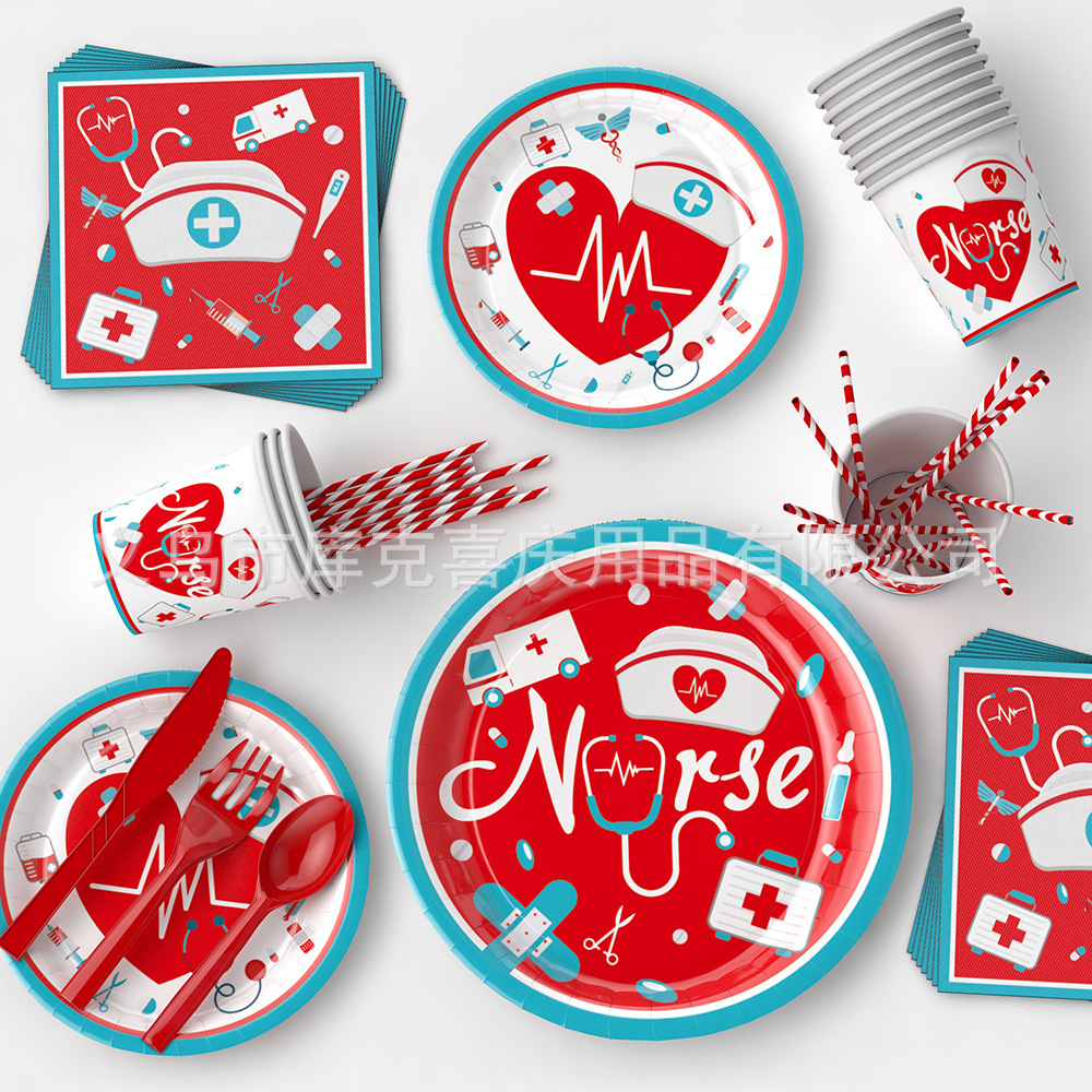 Festival de la enfermera vajilla tirar bandera plato de papel taza de papel Decoración de la fiesta temática del Festival de la enfermera