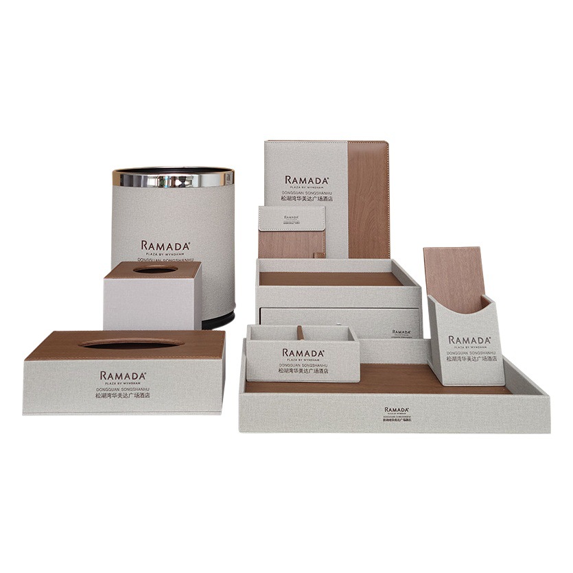 Caja de almacenamiento de artículos de tocador de cuero de calidad comercial para hoteles de lujo, caja de suministros de guía de servicio de cuero, fábrica de cuero