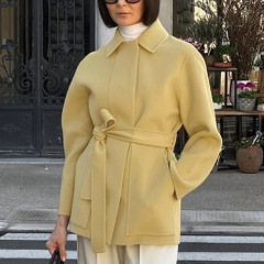 温柔风甜美黄色系带毛呢外套2025秋冬跨境女装中长款翻领长袖大衣