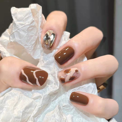 钻款豹纹穿戴甲假指甲短款碎钻秋冬美甲指甲贴成品可拆卸甲片nail