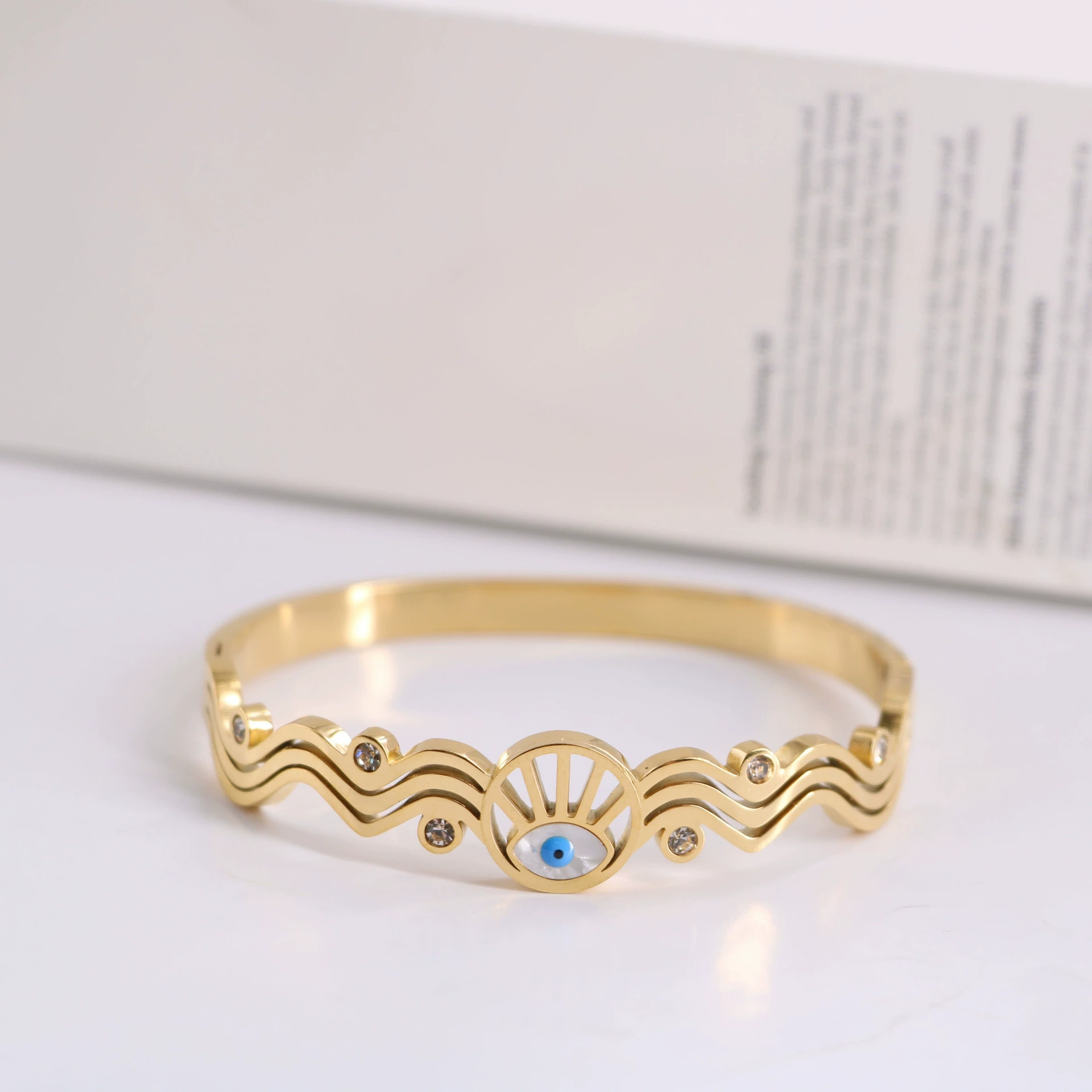 Blue stone inlay stainless steel, wavy bracelet