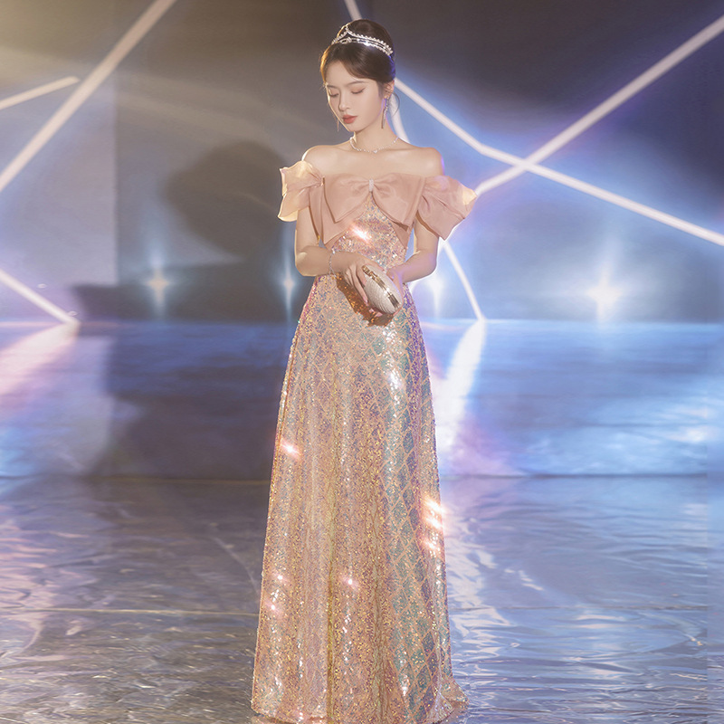 2026 New Evening Dress Elegant Ball Gown Off-Shoulder Party Long Dress Student Art Exam Host Long Dress High-End Feel