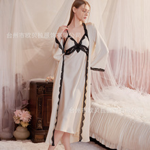 蕾丝高级感冰丝睡衣性感女纯欲美背吊裙带胸垫深v长裙睡袍两件套
