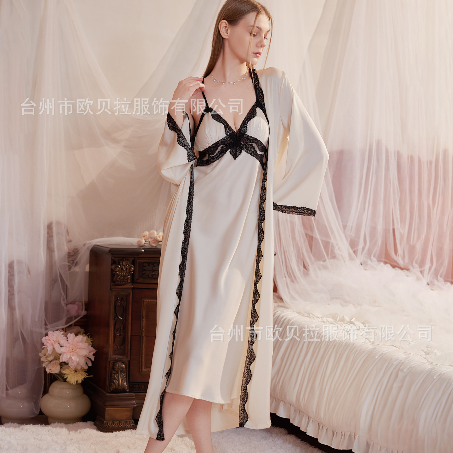 蕾丝高级感冰丝睡衣性感女纯欲美背吊裙带胸垫深v长裙睡袍两件套
