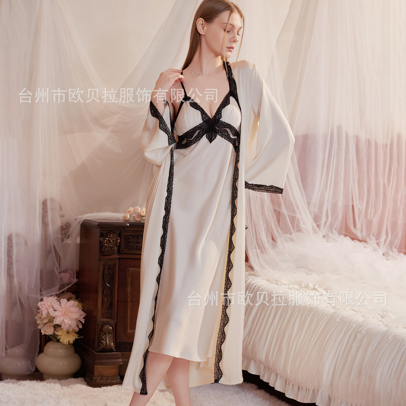 Lace Ice Silk Nightgown Sexy Women's Pure Desire Beauty Backless Slip Dress with Chest Pads Deep V-Neck Long Dress Nightrobe Two-Piece Set Morning Robe Lace Ice Silk Nightgown Sexy Women's Pure Desire Beauty Backless Slip Dress with Chest Pads Deep V-Neck Long Dress Nightrobe Two-Piece Set Morning Robe