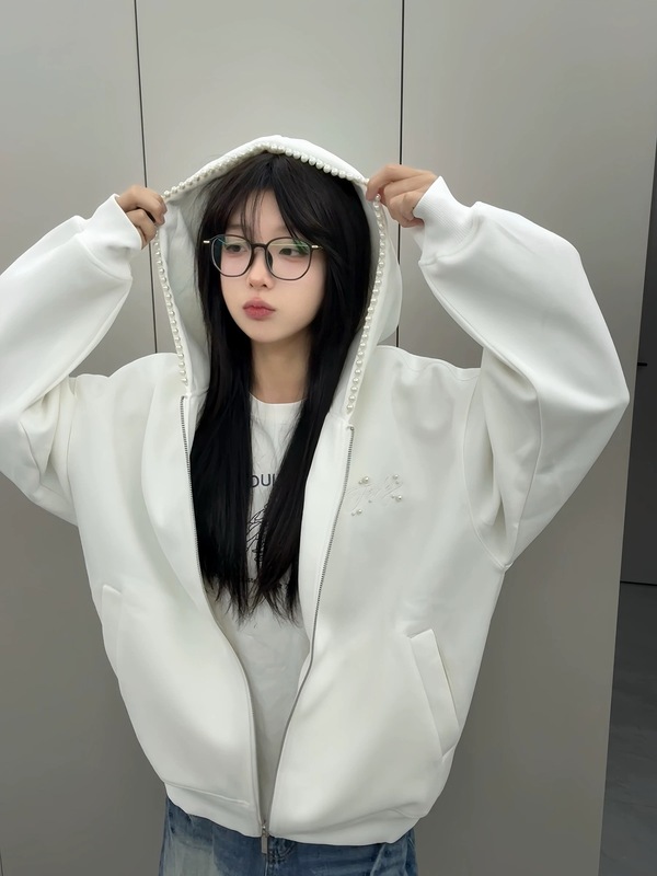 美式潮牌珍珠字母刺绣连帽卫衣女秋季设计感小众宽松复古开衫外套|undefined