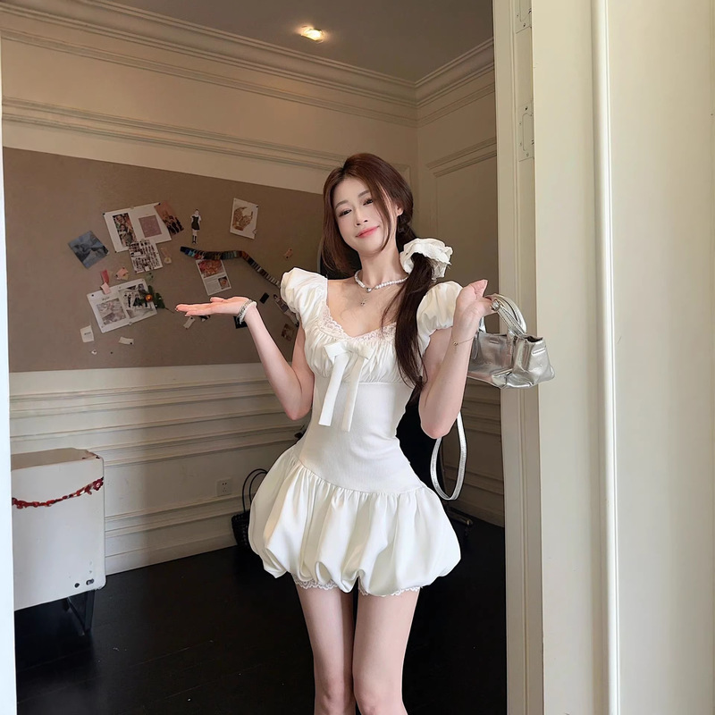 Purely Sexy and Sweet Style Bow-Knot White Puffy Dress for Women, Summer Lace-Trimmed Elegant A-Line Short Dress