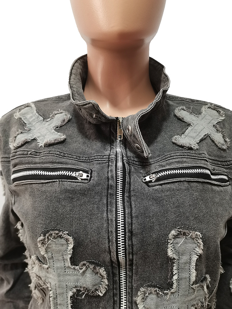 Dametøj nyt krydsvasket og brændt western elastisk afslappet denimdragt_voghion.com