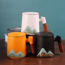 日式手繪遠山陶瓷馬克杯茶水分離辦公室家用個人泡茶杯廣告禮品杯