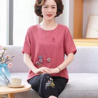 奶奶夏装短袖上衣女中老年薄款棉麻洋气妈妈套装老人太太衣服夏季