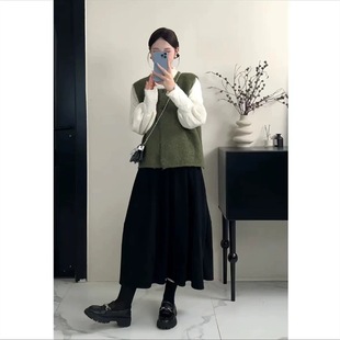 Plus-Size Korean-Style Simple Versatile Soft and Cozy Sweater Vest + Lace Base Shirt + Skirt Three-Piece Set for Autumn