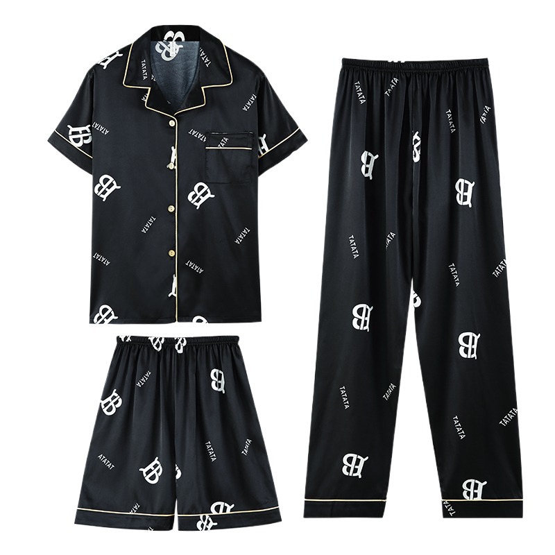 Pijamas de los hombres de verano de seda de hielo de manga corta de tres piezas traje de alta calidad de seda real japonés ins carta simple ropa para el hogar