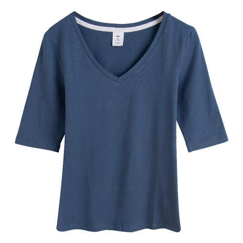 Stylish V-neck top for women, seven-quarter sleeve, tight-fitting, five-quarter sleeve, plus-size T-shirt, half-sleeve blue T-shirt for ladies, middle sleeve
