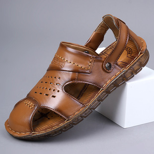The first layer of leather covered toe beach shoes men's summer dual-purpose sandals and slippers breathable non-slip soft bottom leather sandals
