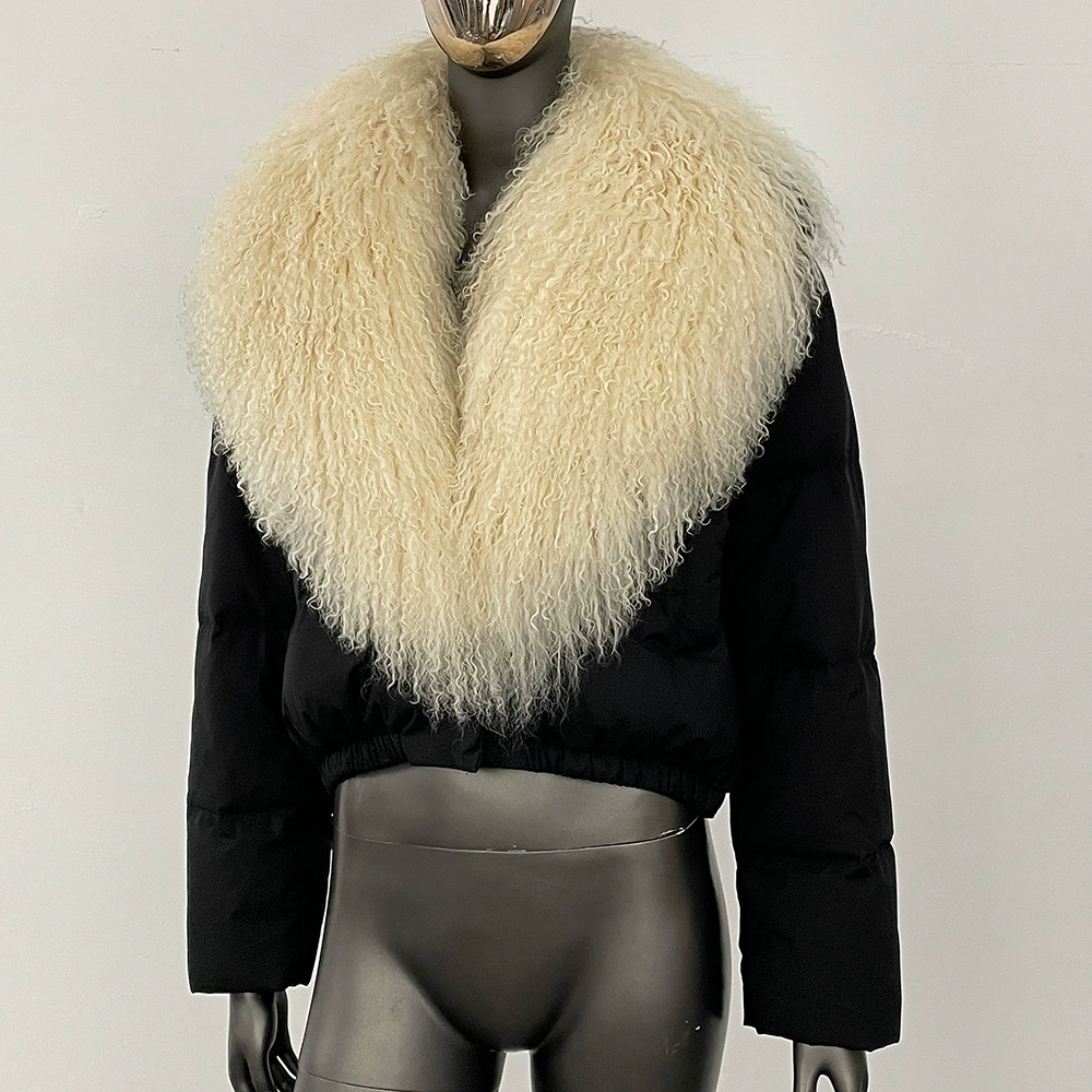 Down jacket Elite, velvet‑woolen shell, white duck down fill, detachable lamb‑wool collar