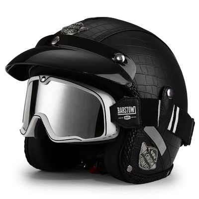 Motosiklet dəbilqələri, 3c certification retro cruise motorcycle - m-crocodile-pattern-black-black-and-white-striped-goggles-free-brim-face-towel