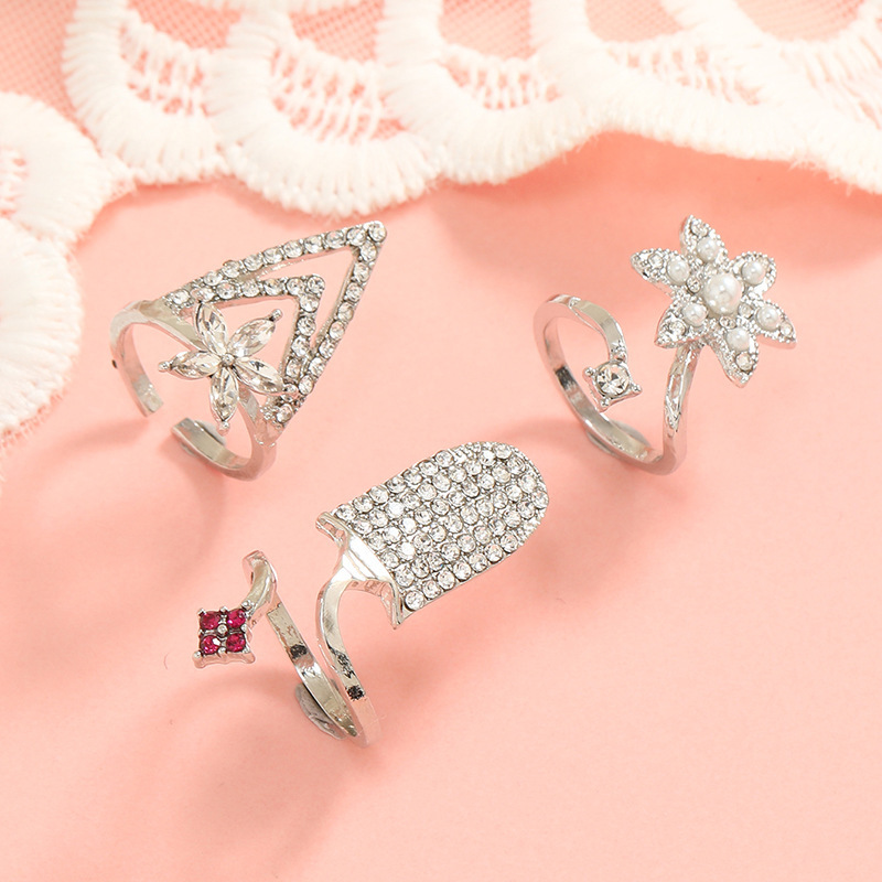 Simple ins creative design retro diamond-embedded open ring European and American elegant trendy geometric nail ring 3-piece set