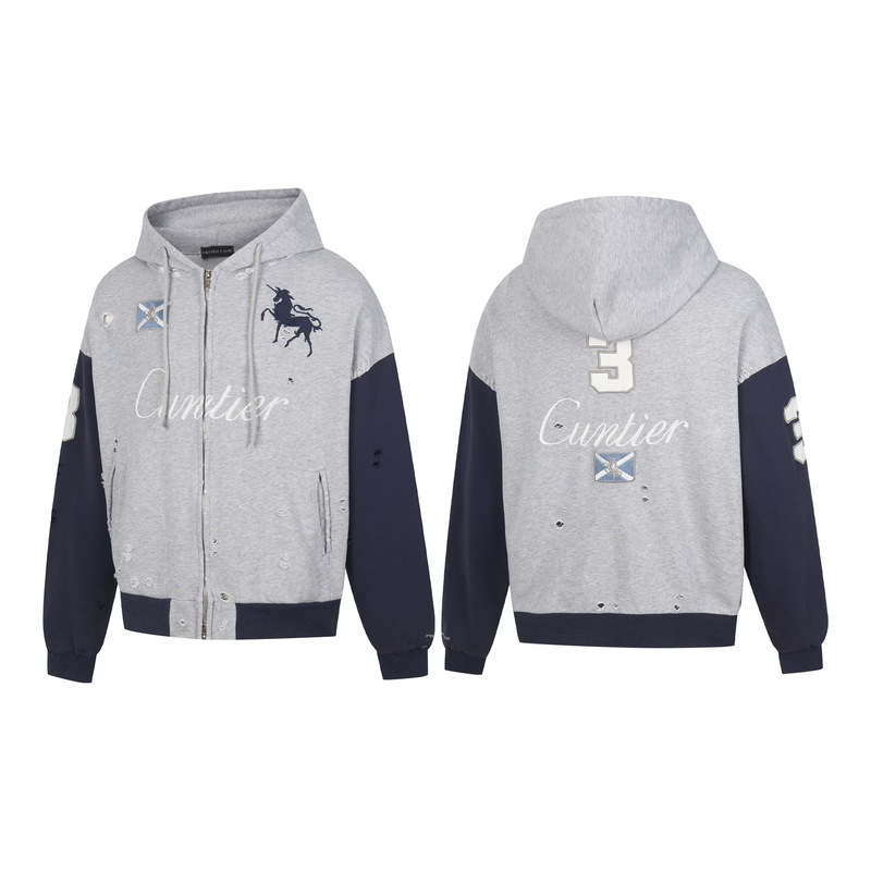 Project G/R Grailz Color-Blocked Distressed Embroidered War Horse Zip-Up Hoodie Jacket American Style Trendy Brand for Men