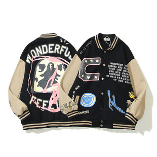 Autumn and Winter High Street Trendy Lightning Cooperation Jacket Baseball Uniform Men's and Women's Loose Jacket Loose Casual Jacket