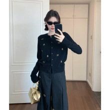 灰色蝴蝶结设计感刺绣针织开衫女秋冬新款小个子毛衣外套上衣女