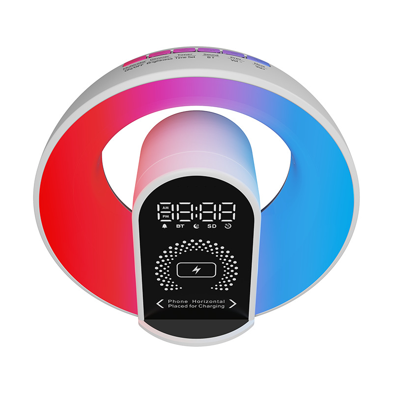 Altavoces Bluetooth multifuncionales de escritorio luces de atmósfera coloridas inalámbricas reloj de carga despertador ruido blanco sonido medidor de sueño
