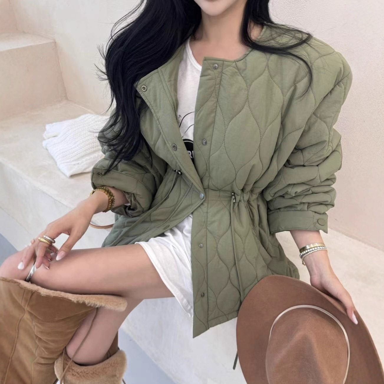 韩国CHIC正品代购2025秋冬新款 气质收腰显瘦菱格保暖棉服外套