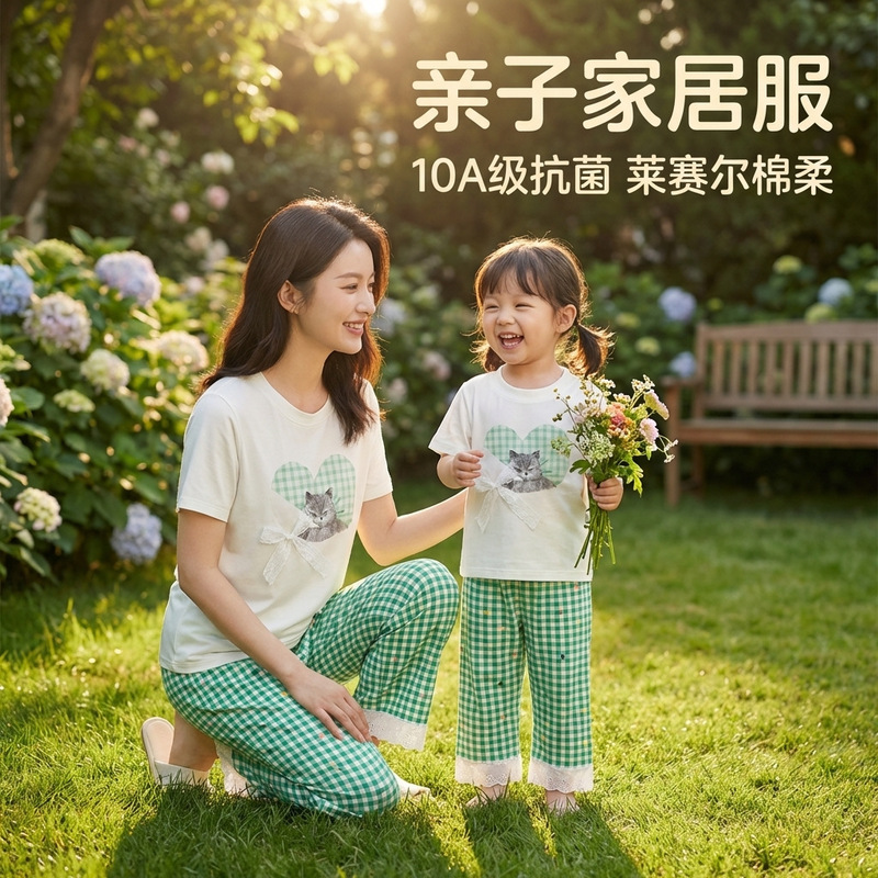 Children's Parent-Child Short-Sleeve Long Pants Set for Boys, Summer Tencel Cartoon Loungewear, Sweet Air-Conditioned Outfit for Girls, Two-Piece Set