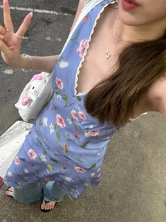 法式复古花朵印花背心裙女夏季设计感叠穿露背A字连衣裙