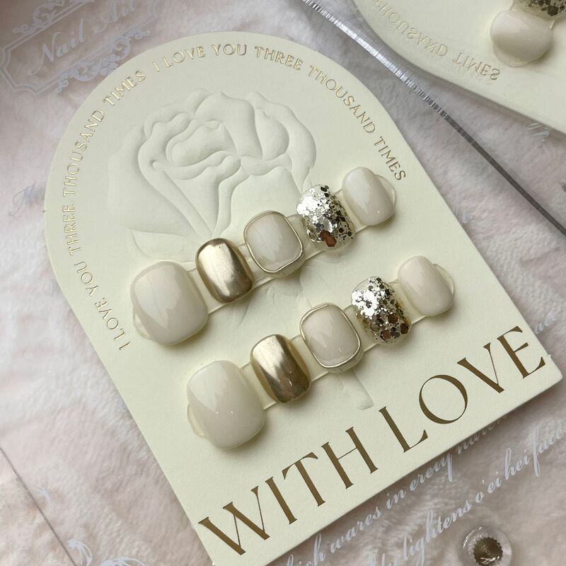 [pure manual real shot] fake nails wearing white milk white champagne gold sequins mirror nail art removable
