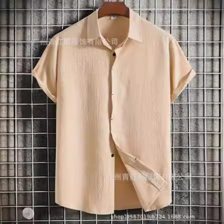 男装亚麻短袖T恤宽松汗衫纯色短袖亚麻衬衫男 沙滩大码男短袖衬衫