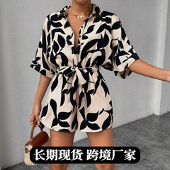 欧美女装缎面  秋季新款色丁连体裤女跨境印花宽松缎面阔腿连衣裤