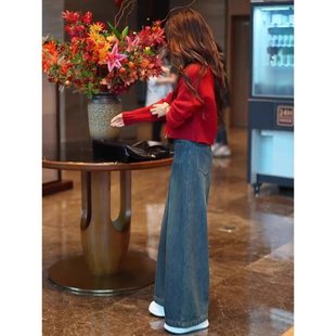 Retro Blue Velvet Jeans for Women in Autumn and Winter New Large Size Fat Slimming Look Straight Loose Narrow Wide Leg Pants