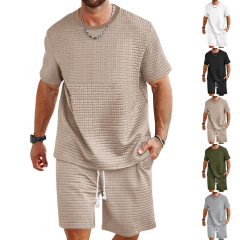 新しい国境を越えた男性スポーツレジャーセット純色丸首tシャツパンツ2点セットファッション男性服夏セット