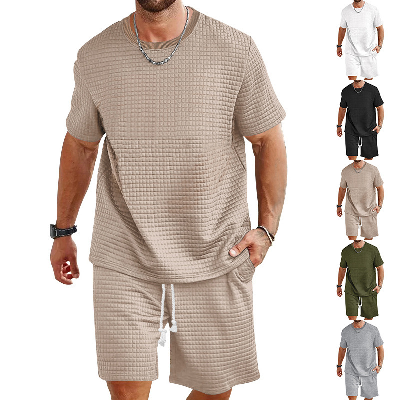 新しい国境を越えた男性スポーツレジャーセット純色丸首tシャツパンツ2点セットファッション男性服夏セット|undefined