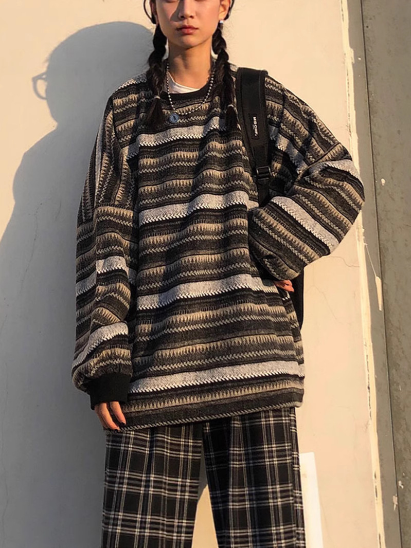 2025 primavera y otoño tendencia en coreano retro perezoso tweed camisa de punto a rayas suéter de cuello redondo para hombres y mujeres