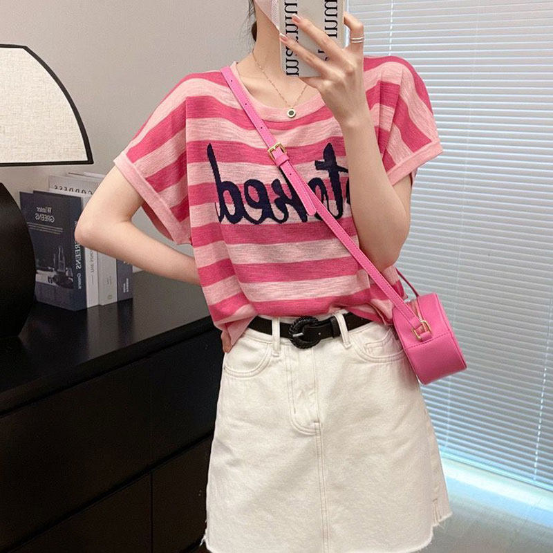 Ice Linen Striped Thin Short-Sleeve T-Shirt New Style Women's Summer Fashion Hot-Selling Sleeveless Loose Versatile Knit Top Ice Linen Striped Thin Short-Sleeve T-Shirt New Style Women's Summer Fashion Hot-Selling Sleeveless Loose Versatile Knit Top