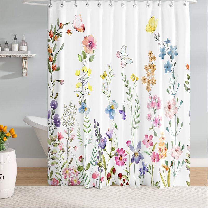 Colorful Floral Butterfly Bathroom Fabric Spring Plant Floral Shower Curtain Bathtub Partition Screen No Drilling Required