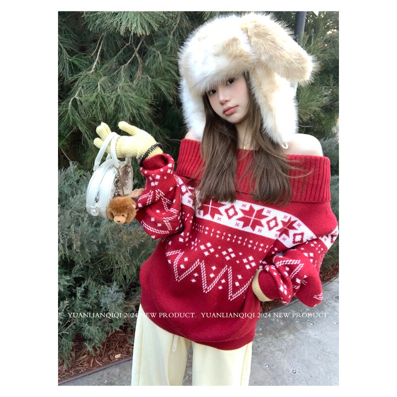 Christmas Red Retro Jacquard Sweater for Women, Autumn and Winter Off-The-Shoulder Design, Loose and Slimming Top Christmas Red Retro Jacquard Sweater for Women, Autumn and Winter Off-The-Shoulder Design, Loose and Slimming Top