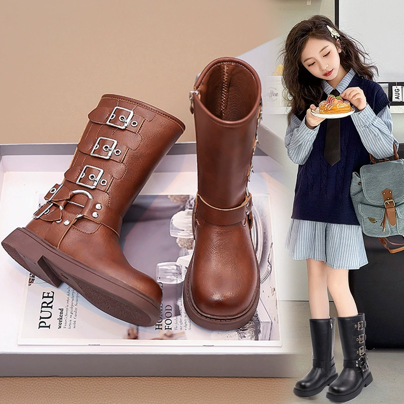 Детские сапоги Martin корейские сапоги Коричневые сапоги рыцаря сапоги ковбойские сапоги для девочек толстая подошва мягкая кожа ретро туфли