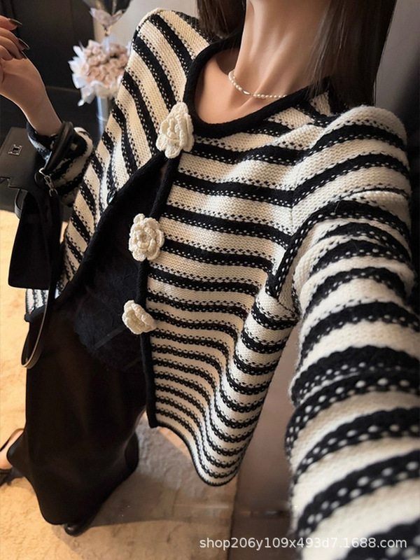 重工立体钩花羊毛混纺条纹开衫针织毛衣显瘦外套女春新款G030312|undefined