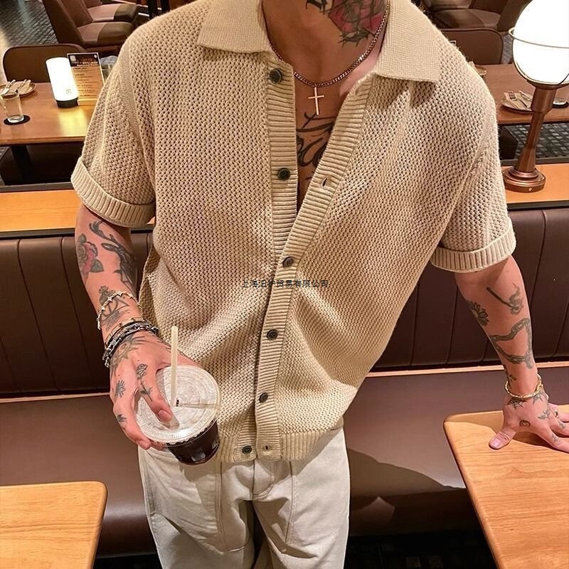 American Retro Knitted Cardigan Short-Sleeved Men's High-End Thin Breathable Hollow-Out Shirt with a Turn-Down Collar in Old Money Style