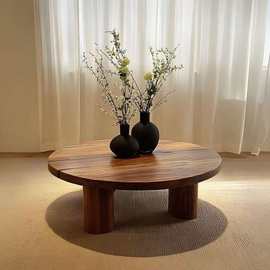 侘寂风实木家用榆木小圆桌简约民宿装饰休闲茶几飘窗桌阳台喝茶桌