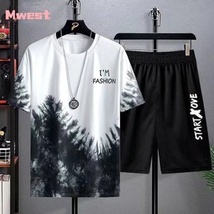 Daily Quick-Drying Ice Silk Gradient Suit Men's Short-Sleeved T-Shirt Summer Casual Shorts Sports Two-Piece Set Handsome Men's Clothing