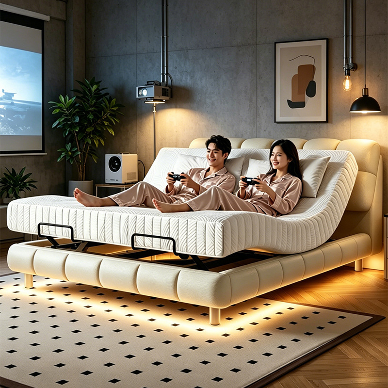 Smart Electric Bed, Luxury Top-Grain Leather Wedding Bed, Modern Double Bed with Non-Disturbing Features, Adjustable Master Bedroom Large Bed, Genuine Leather Bed